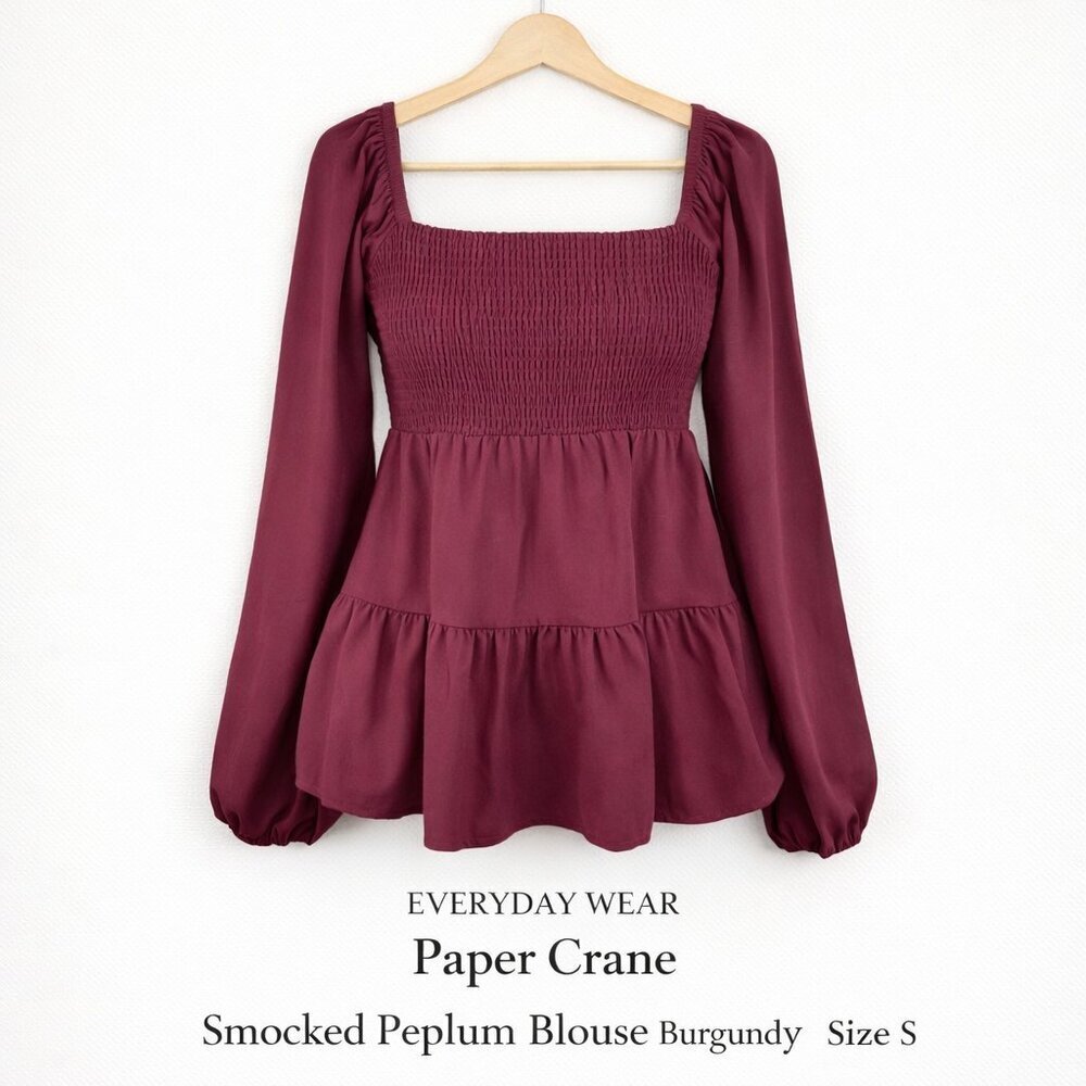 Paper Crane Smocked Peplum Blouse Burgundy Balloon Sleeve Size S
